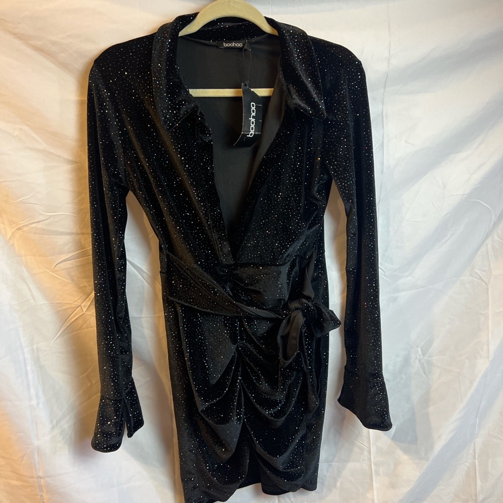 Boohoo Glittering Black Wrap Dress